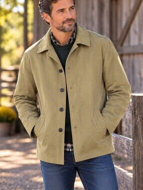 J CREW BARN COAT SIZE LARGE KHAKI GREEN LINED BUTTON-UP WINTER WARM EUC MENS